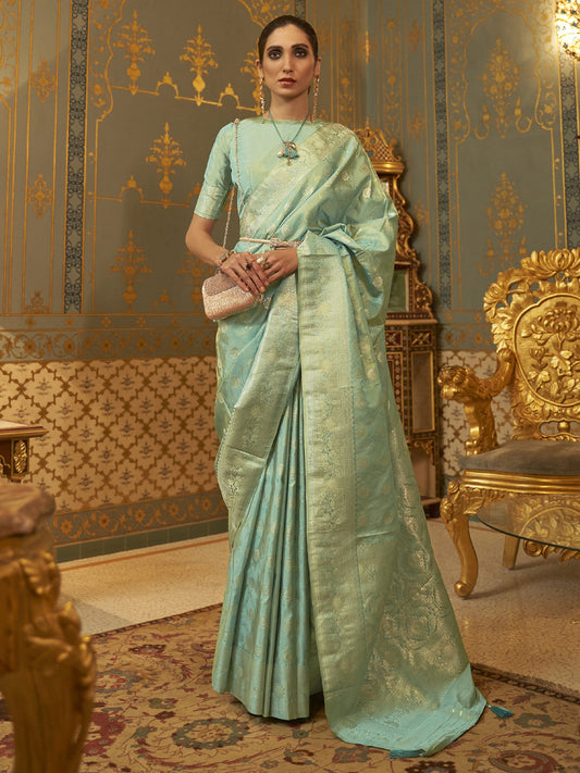 Women's Silk Blend Sea Green Woven Design Handloom Saree With Blouse Piece