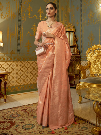 Women's Silk Blend Peach Woven Design Handloom Saree With Blouse Piece
