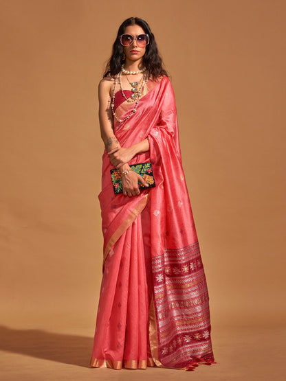 Women's Silk Blend Pink Woven Design Designer Saree With Blouse Piece