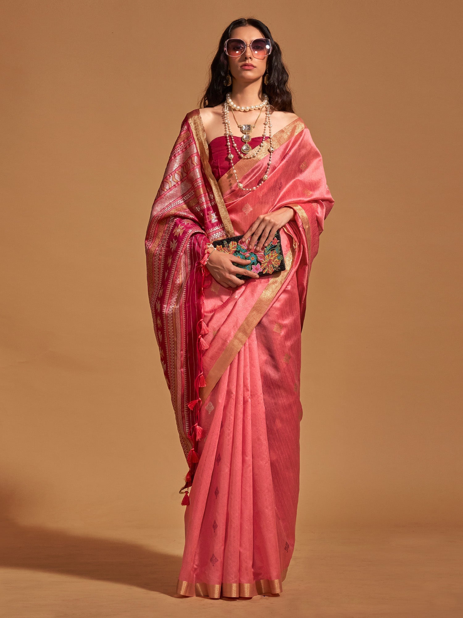 Women's Silk Blend Pink Woven Design Designer Saree With Blouse Piece