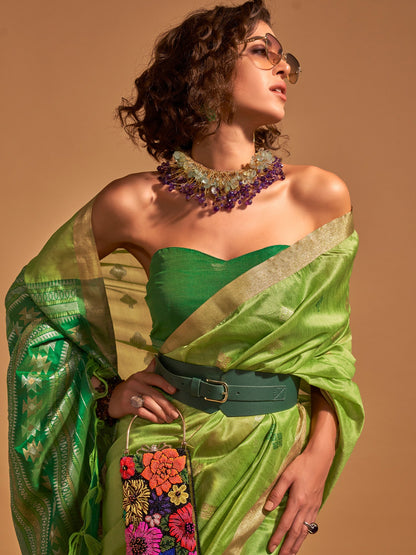 Women's Silk Blend Light Green Woven Design Designer Saree With Blouse Piece