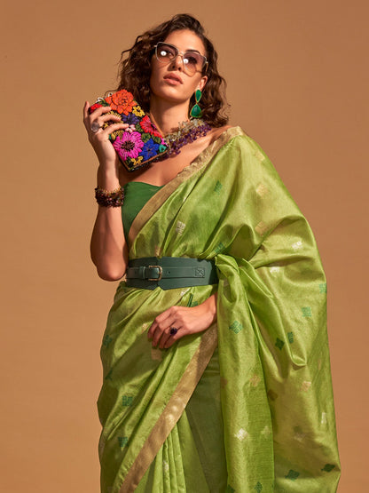 Women's Silk Blend Light Green Woven Design Designer Saree With Blouse Piece