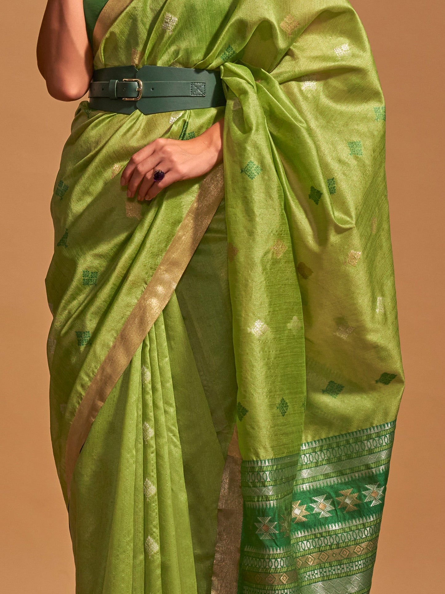 Women's Silk Blend Light Green Woven Design Designer Saree With Blouse Piece