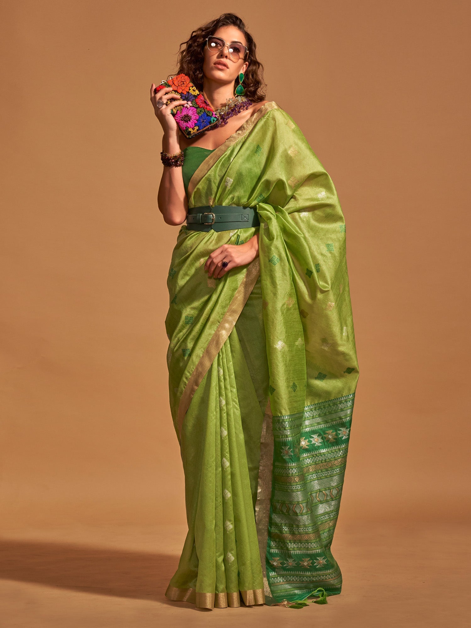 Women's Silk Blend Light Green Woven Design Designer Saree With Blouse Piece