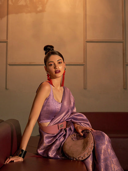 Women's Silk Blend Mauve Woven Design Handloom Saree With Blouse Piece