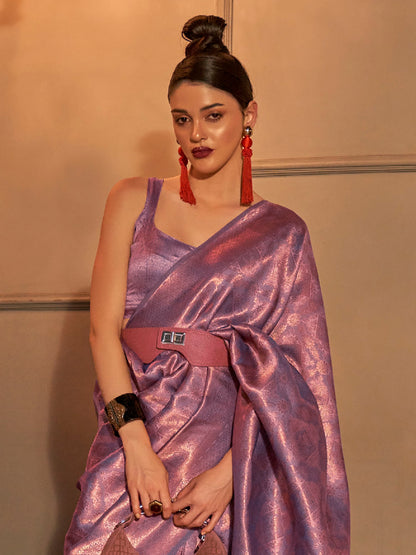 Women's Silk Blend Mauve Woven Design Handloom Saree With Blouse Piece