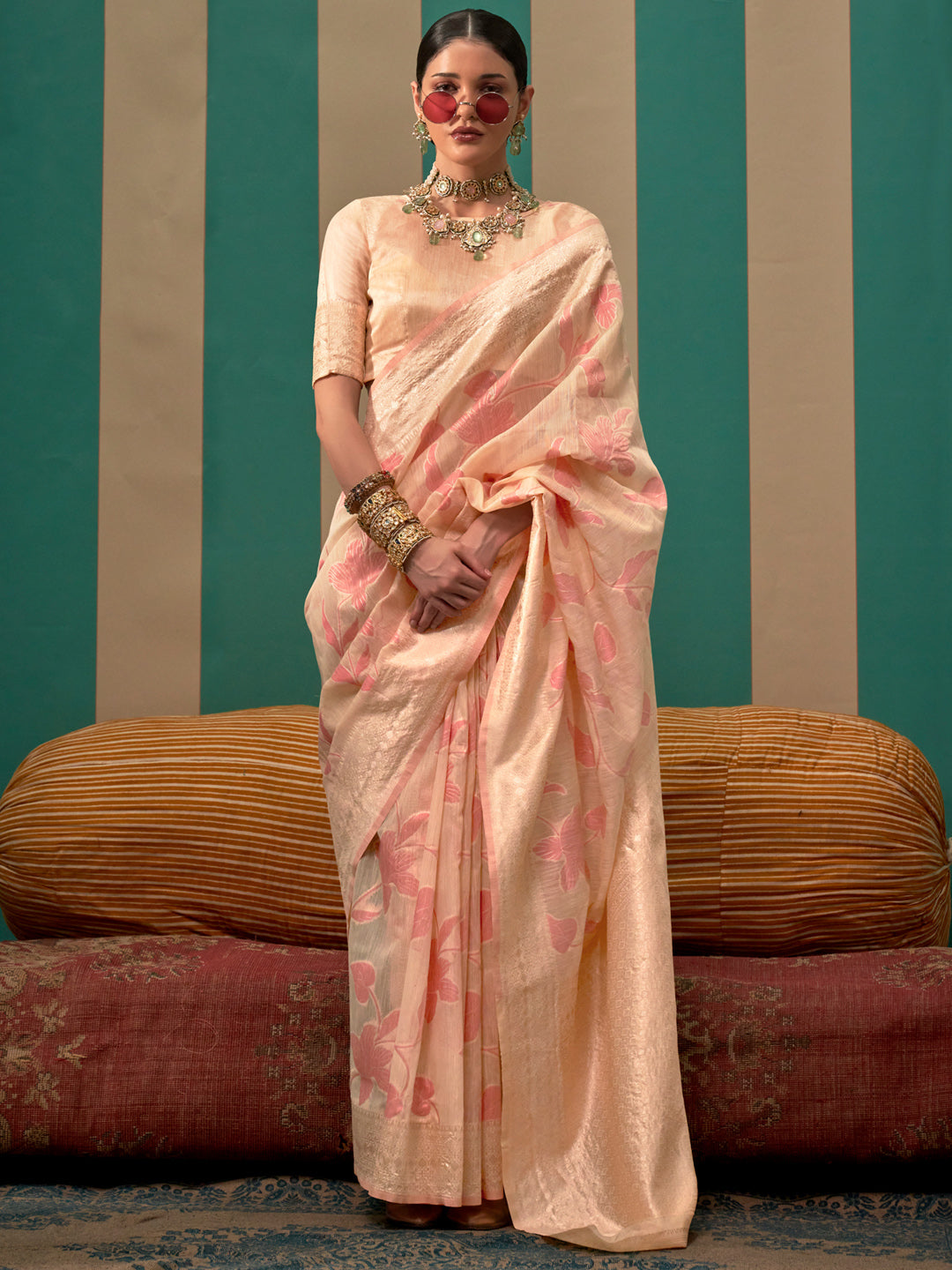 Women's Linen Cream Woven Design Designer Saree With Blouse Piece
