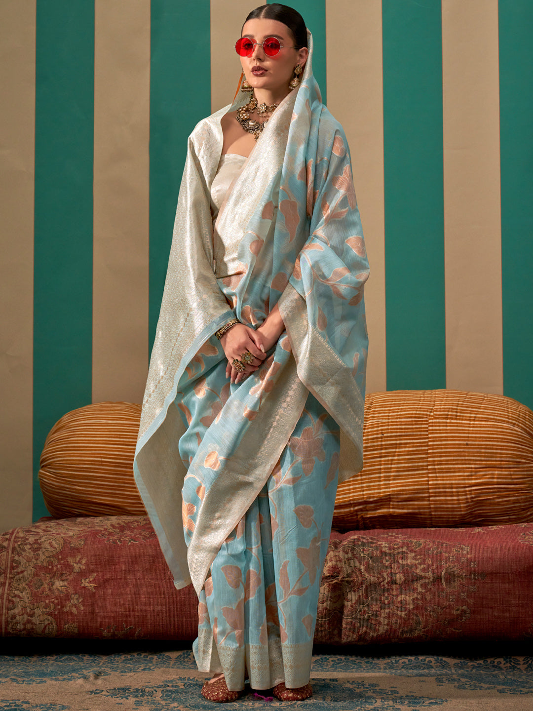 Women's Linen Light Blue Woven Design Designer Saree With Blouse Piece
