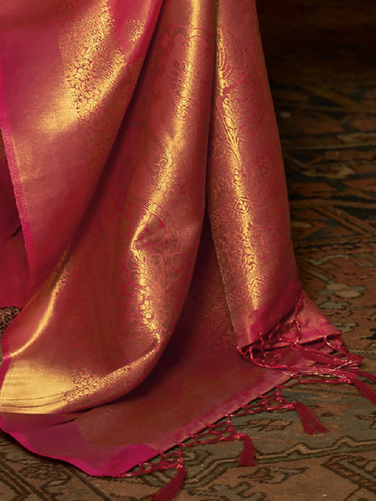 Women's Silk Blend Pink Woven Design Handloom Saree With Blouse Piece