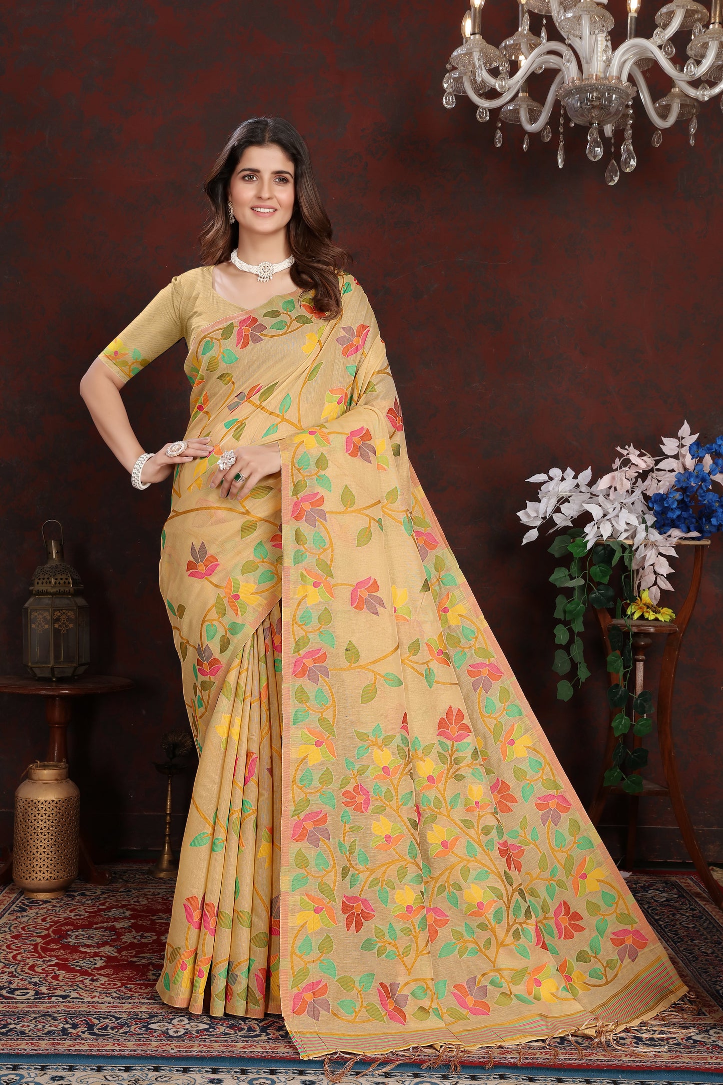 Dhiyona GR Women's Karvaah Beige Cotton Jamdani Saree