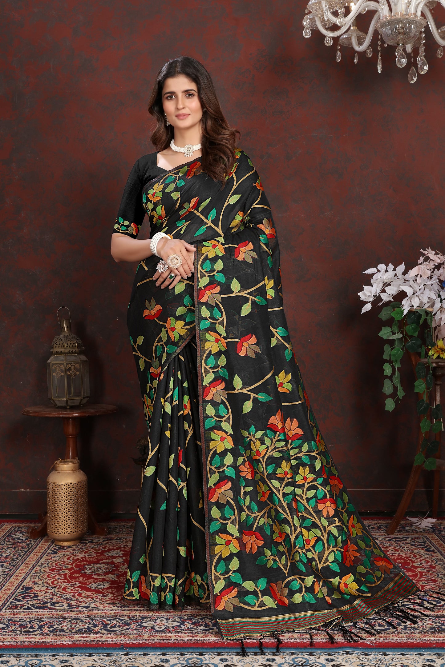Dhiyona GR Women's Karvaah Impression Black Cotton Jamdani Saree