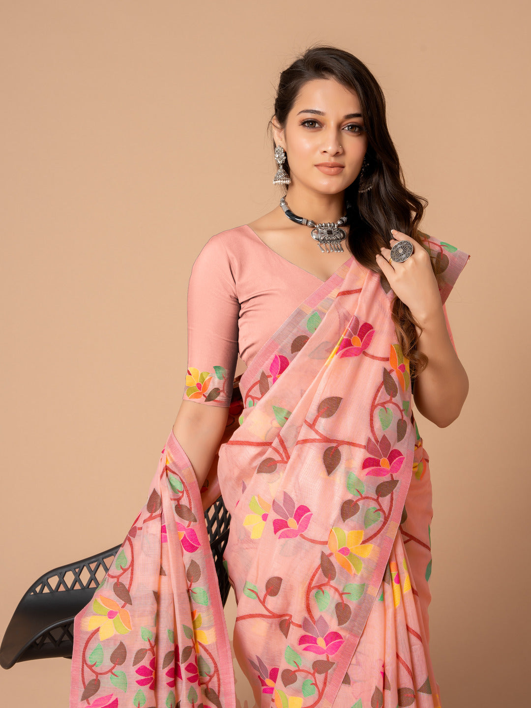 Dhiyona GR Women's Karvaah Rose Pink Cotton Jamdani Saree