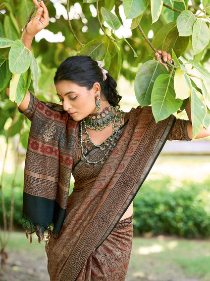 Women's Cotton Brown Printed Designer Saree With Blouse Piece