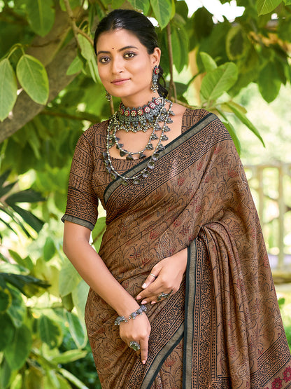 Women's Cotton Brown Printed Designer Saree With Blouse Piece