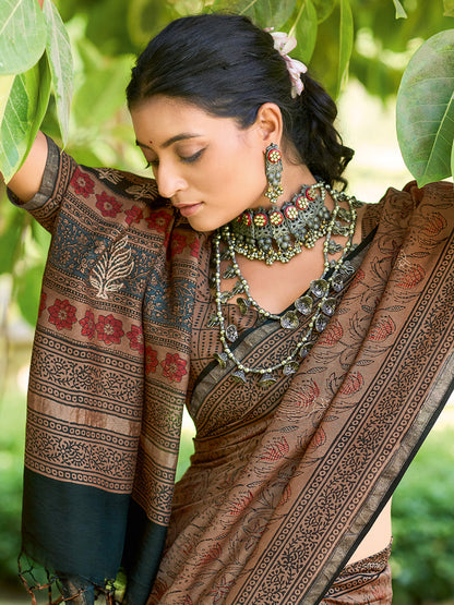 Women's Cotton Brown Printed Designer Saree With Blouse Piece