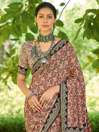 Women's Cotton Beige Printed Designer Saree With Blouse Piece