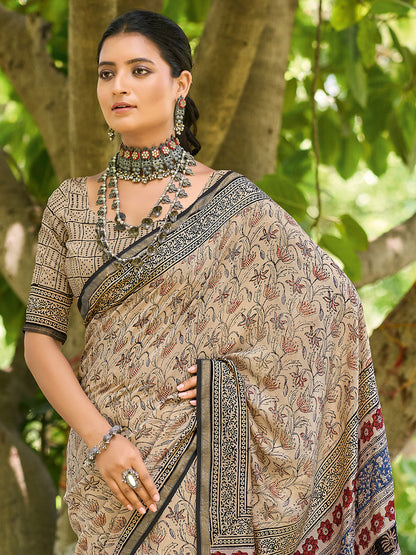 Women's Cotton Beige Printed Designer Saree With Blouse Piece