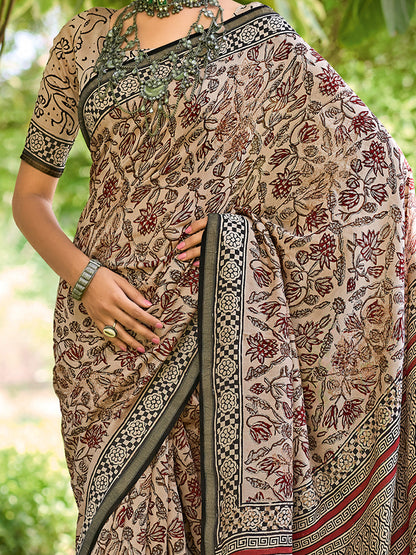 Women's Cotton Beige Printed Designer Saree With Blouse Piece