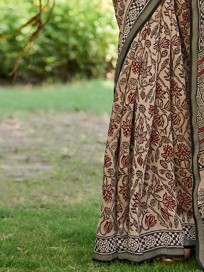 Women's Cotton Beige Printed Designer Saree With Blouse Piece