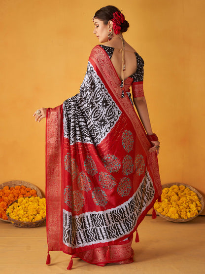 Women's Tussar Silk Black Printed Designer Saree With Blouse Piece