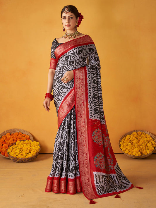 Women's Tussar Silk Black Printed Designer Saree With Blouse Piece