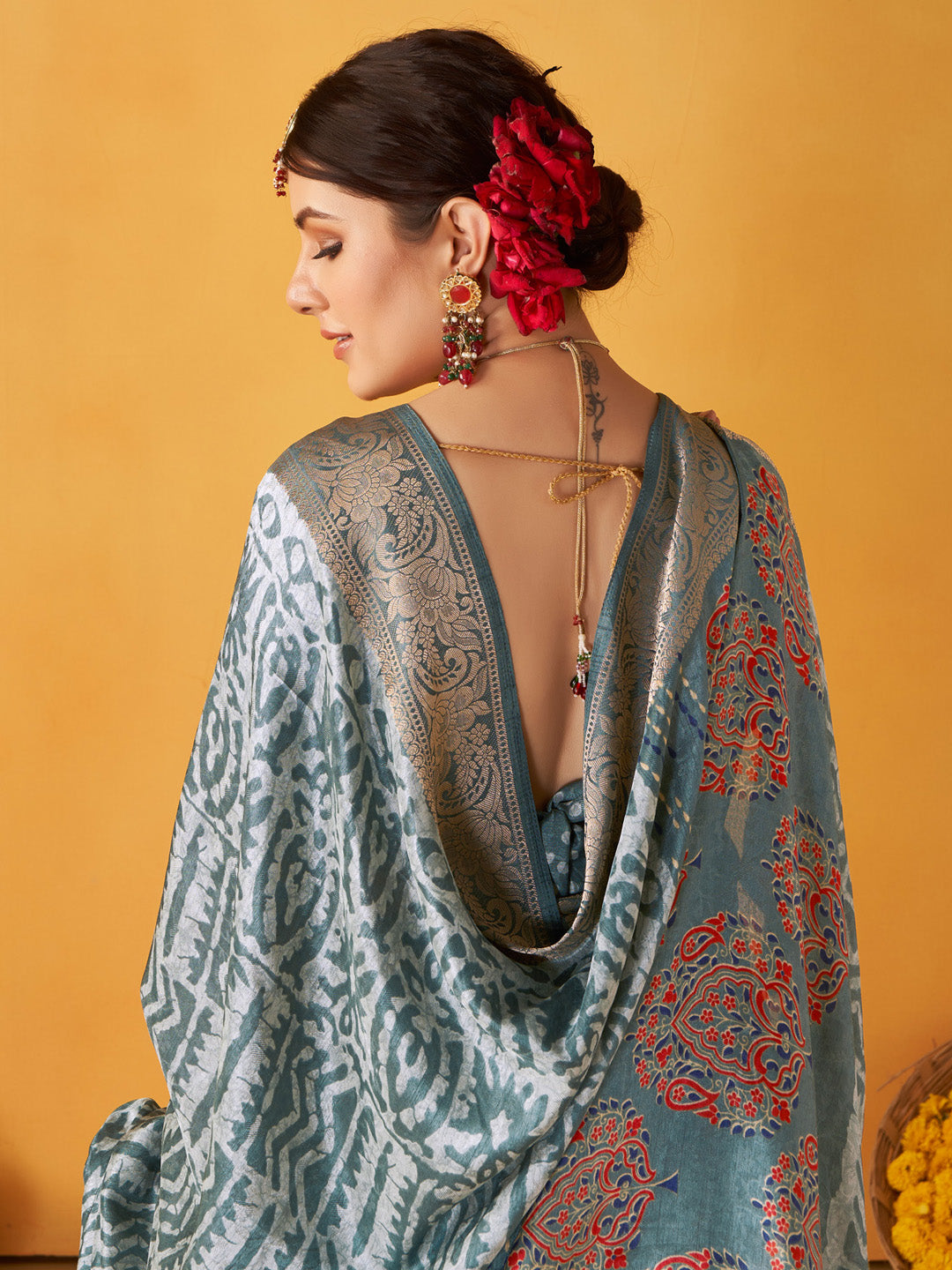 Women's Tussar Silk Grey Printed Designer Saree With Blouse Piece