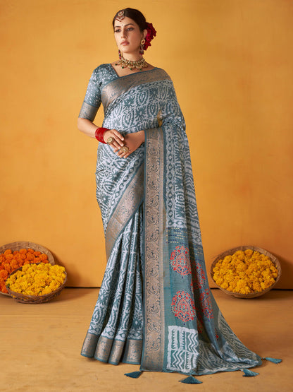 Women's Tussar Silk Grey Printed Designer Saree With Blouse Piece