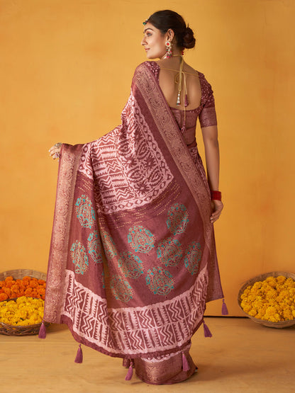 Women's Tussar Silk Brown Printed Designer Saree With Blouse Piece