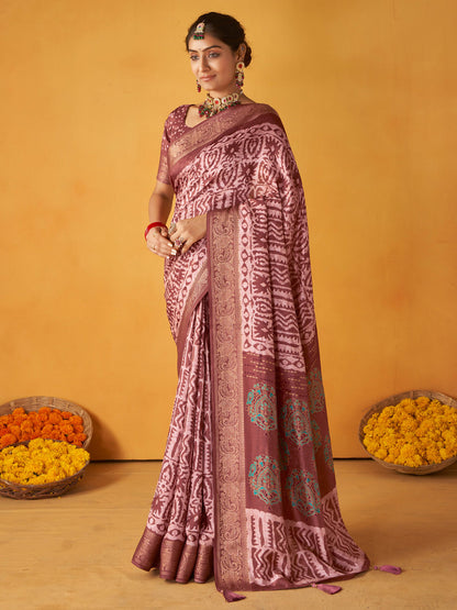 Women's Tussar Silk Brown Printed Designer Saree With Blouse Piece