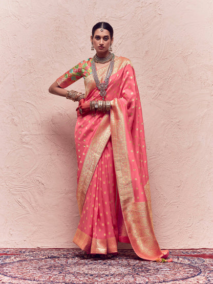 Dhiyona KM Women Magenta Pink Pure Crepe Silk Saree