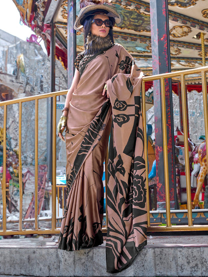 Women's Crepe Brown Printed Designer Saree With Blouse Piece