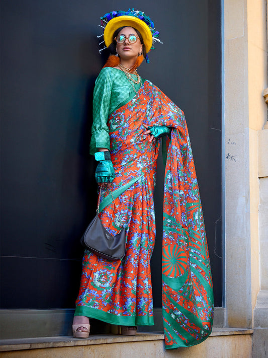 Women's Crepe Turquoise Printed Designer Saree With Blouse Piece