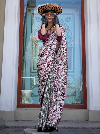 Women's Crepe Pink Printed Designer Saree With Blouse Piece