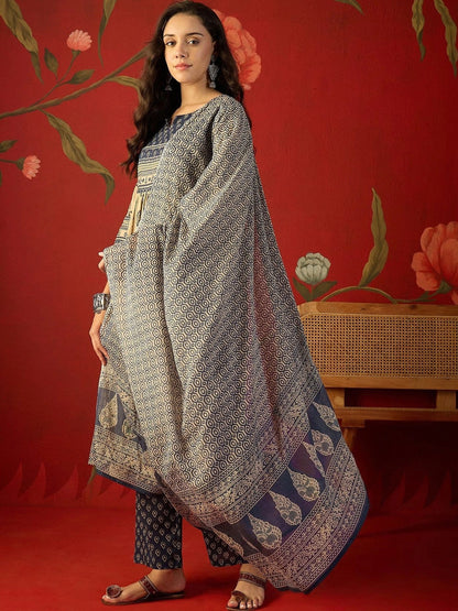 Women Paisley Printed Empire Mirror Work Pure Cotton Kurta with Trousers & With Dupatta