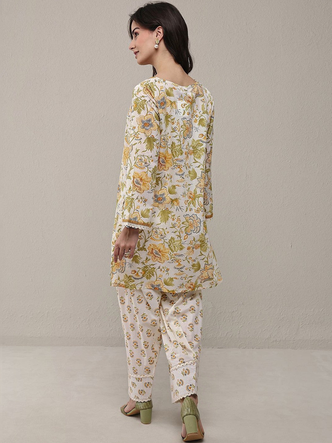 White Floral Printed Cotton Straight Kurta Set