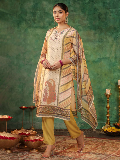 Dhiyona RR Women's Printed Beads and Stones Straight Kurta with Trousers & Dupatta