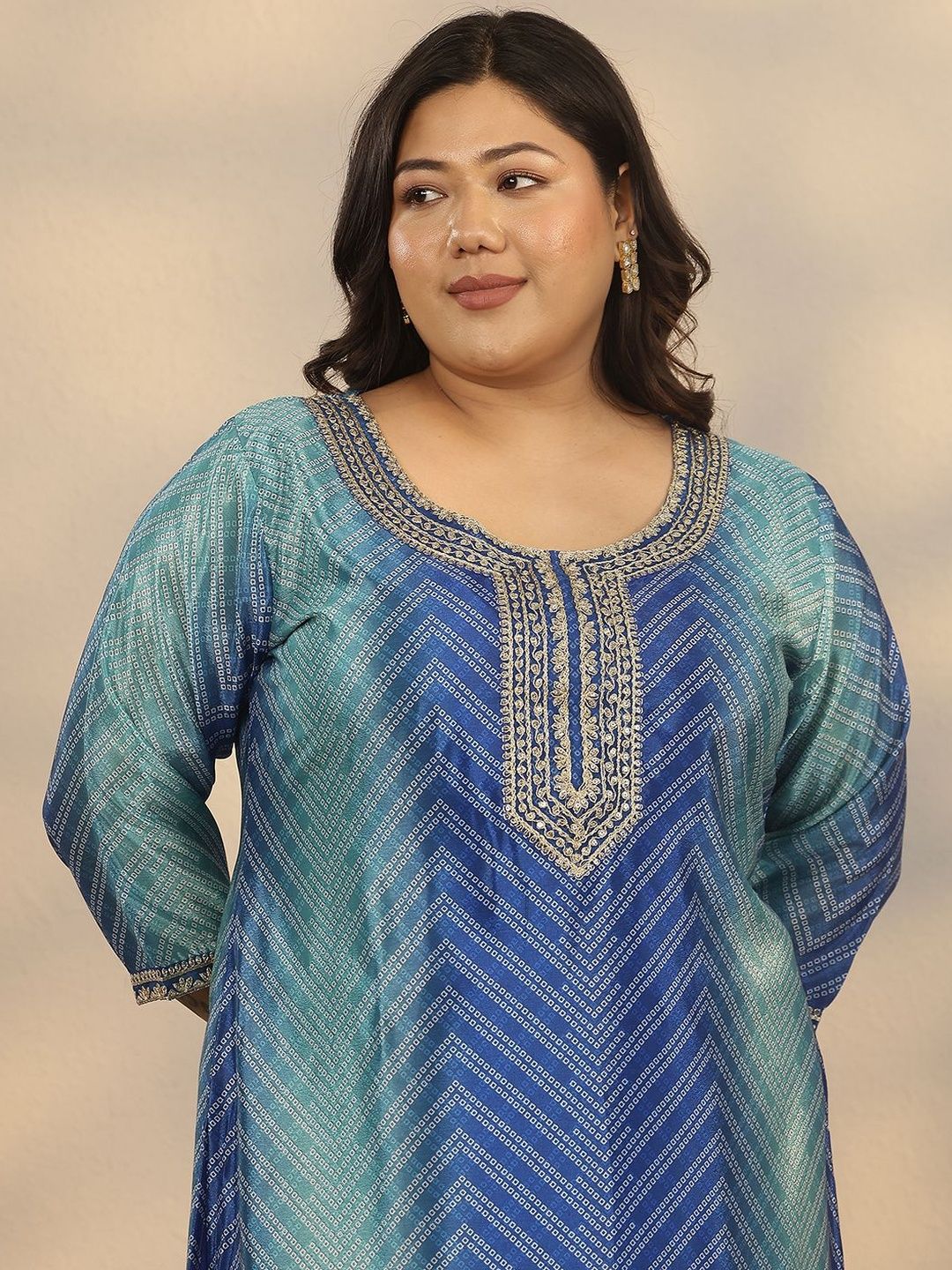 Dhiyona Women's Plus Size Geometric Printed Straight Kurta With Sharara & Dupatta