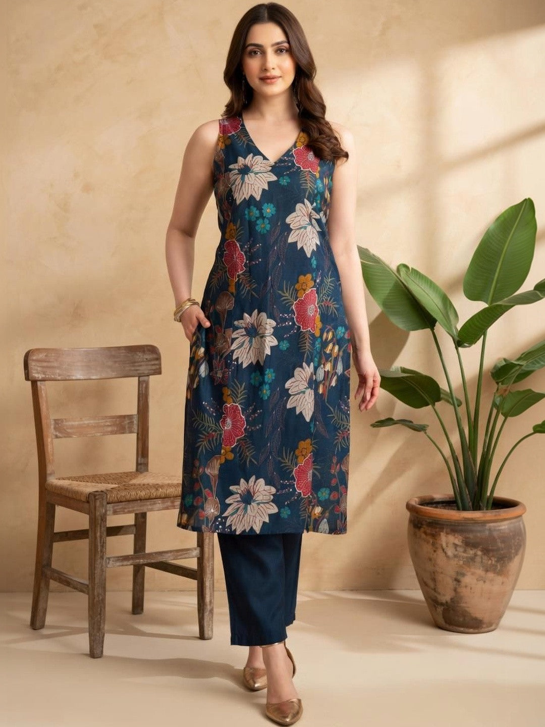Printed V-Neck Kurta & Trousers