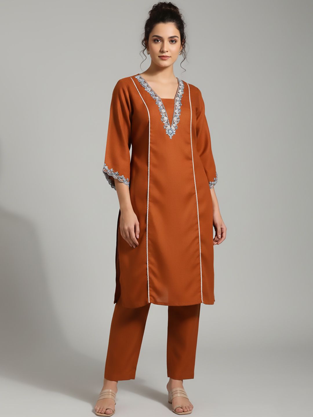 Rust Embroidered Tunic & Trousers Co-Ords Set