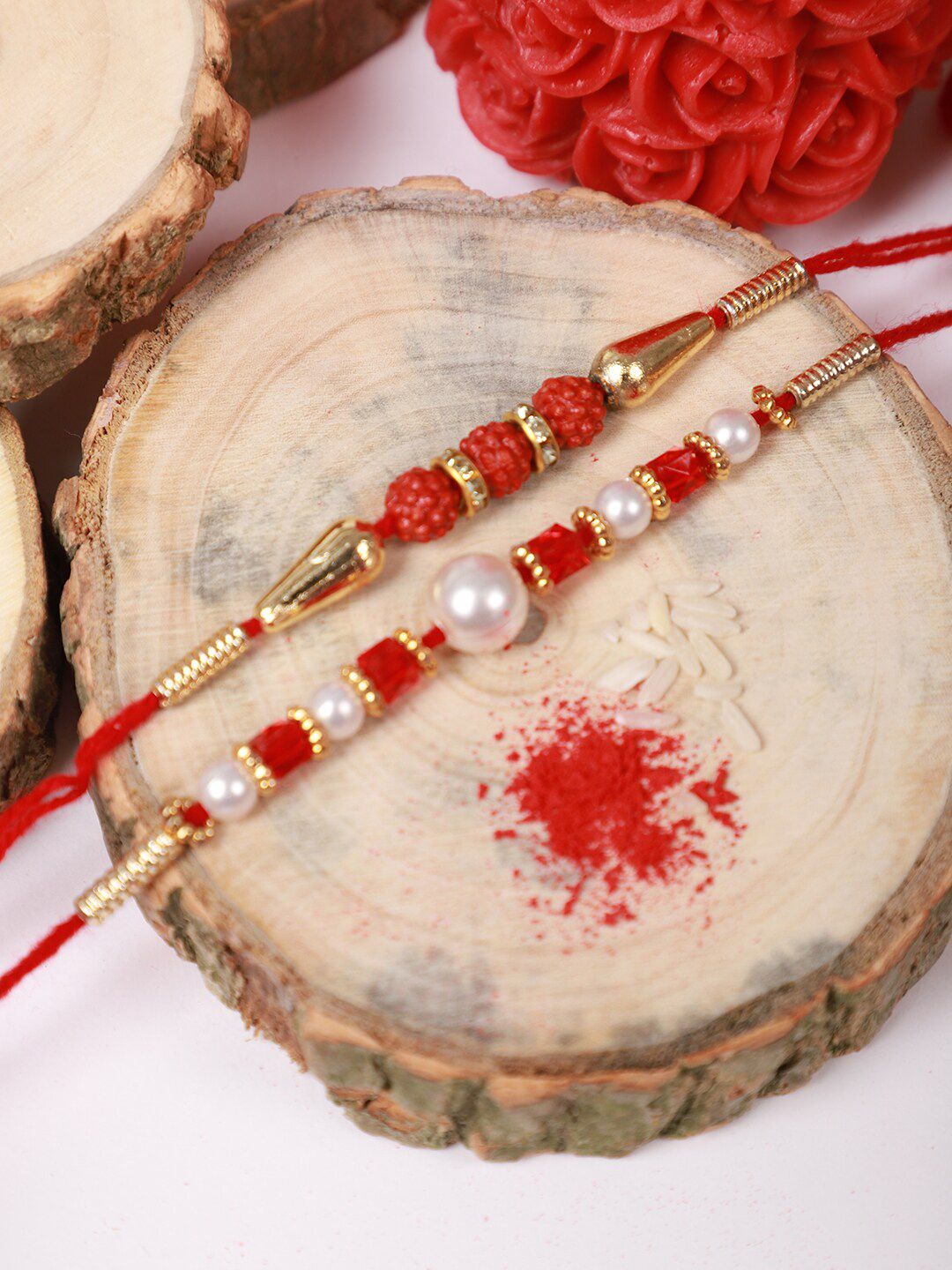 Dhiyona Unisex Set Of 2 Beaded Rakhi With Roli & Rice