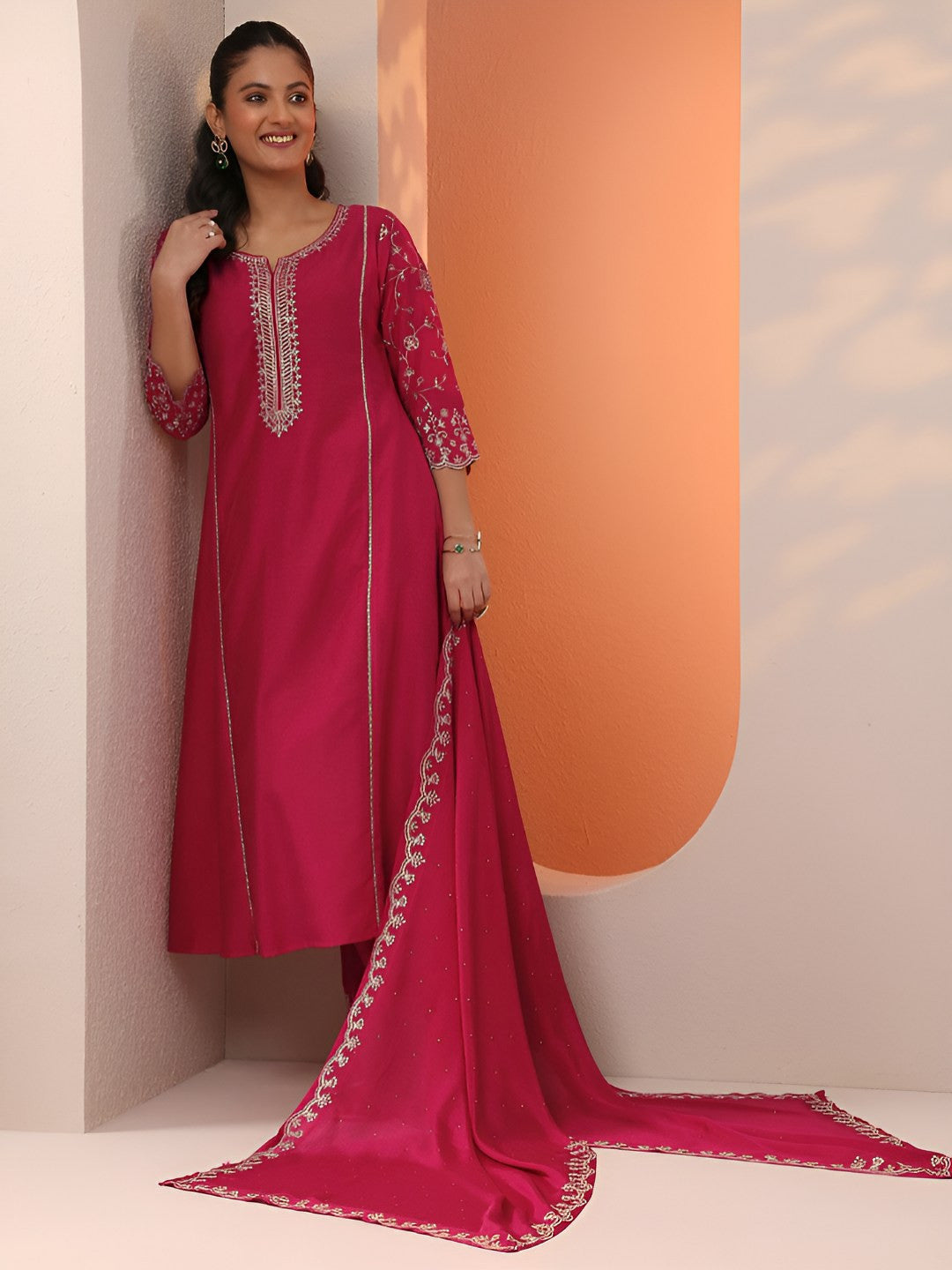 Floral Embroidered Thread Work Kurta With Trousers & Dupatta