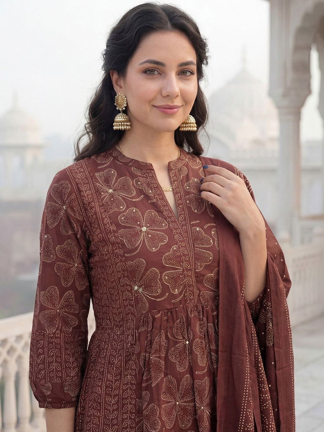 Women Floral Printed Panelled Beads and Stones Pure Cotton Kurta with Trousers & With Dupatta