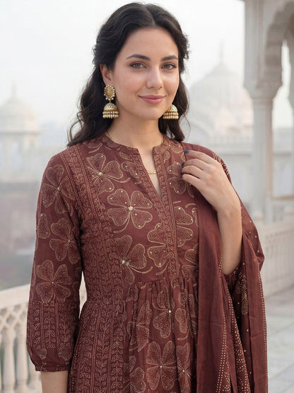 Women Floral Printed Panelled Beads and Stones Pure Cotton Kurta with Trousers & With Dupatta
