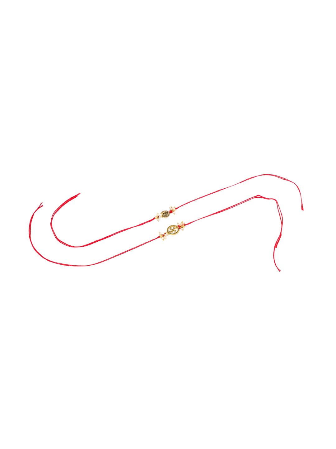 Dhiyona Men Set Of 2 Gold Toned Pearls Swastik Desgin Thread Rakhi With Roli Chawal