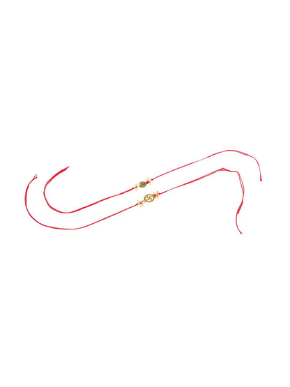 Dhiyona Men Set Of 2 Gold Toned Pearls Swastik Desgin Thread Rakhi With Roli Chawal