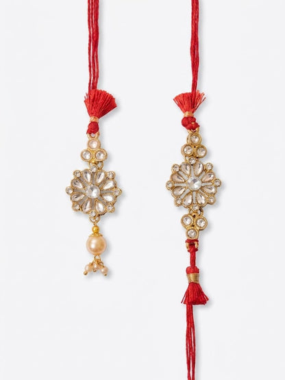 Dhiyona Set Of 2 Red Kundan Studded Floral Design Bhaiya Bhabhi Rakhi With Roli Chawal