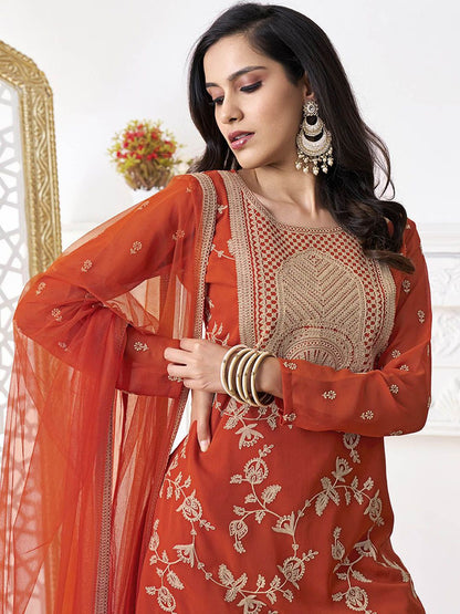 Dhiyona IN Floral Embroidered Thread Work Georgette A-Line Kurta With Sharara & Dupatta