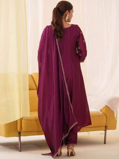 Floral Embroidered Thread Work Anarkali Kurta With Trousers & Dupatta
