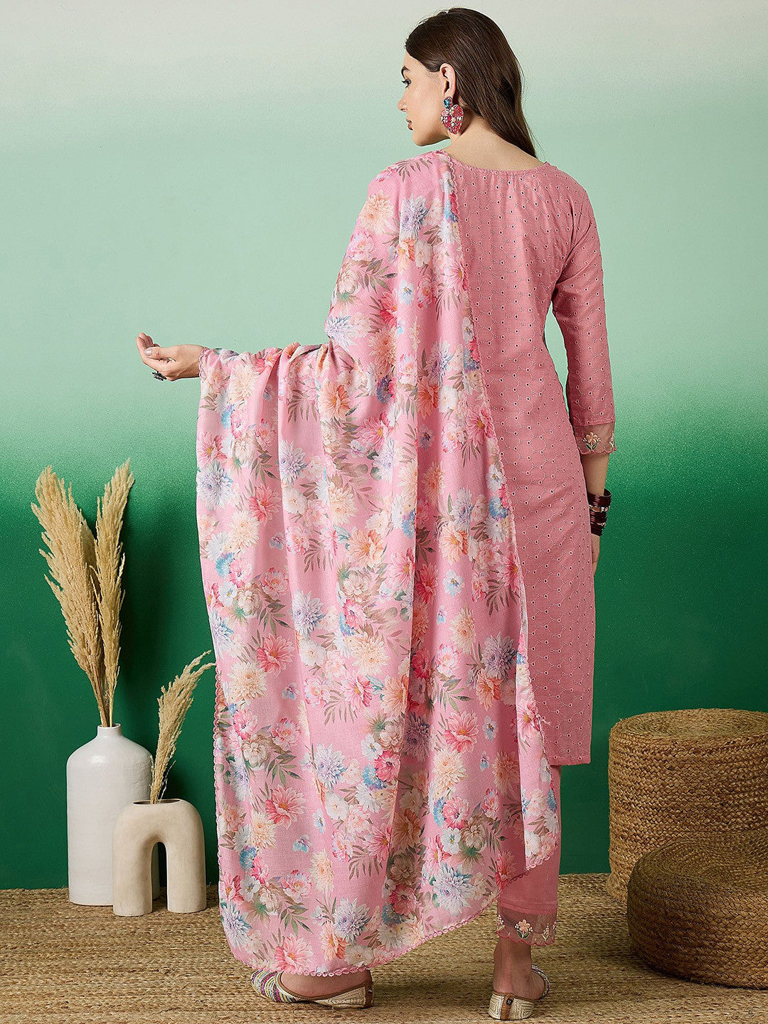 Floral Embroidered Thread Work Pure Cotton Kurta with Trousers & Dupatta