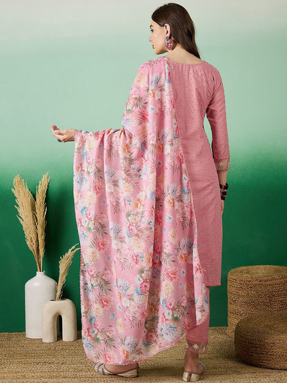 Floral Embroidered Thread Work Pure Cotton Kurta with Trousers & Dupatta